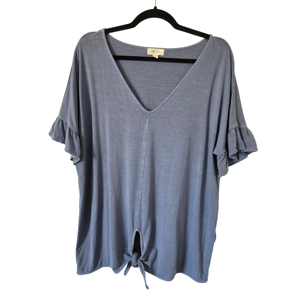 Style & Co Womens Blue Ruffle Sleeve Tie Front V-Neck Knit Top XL